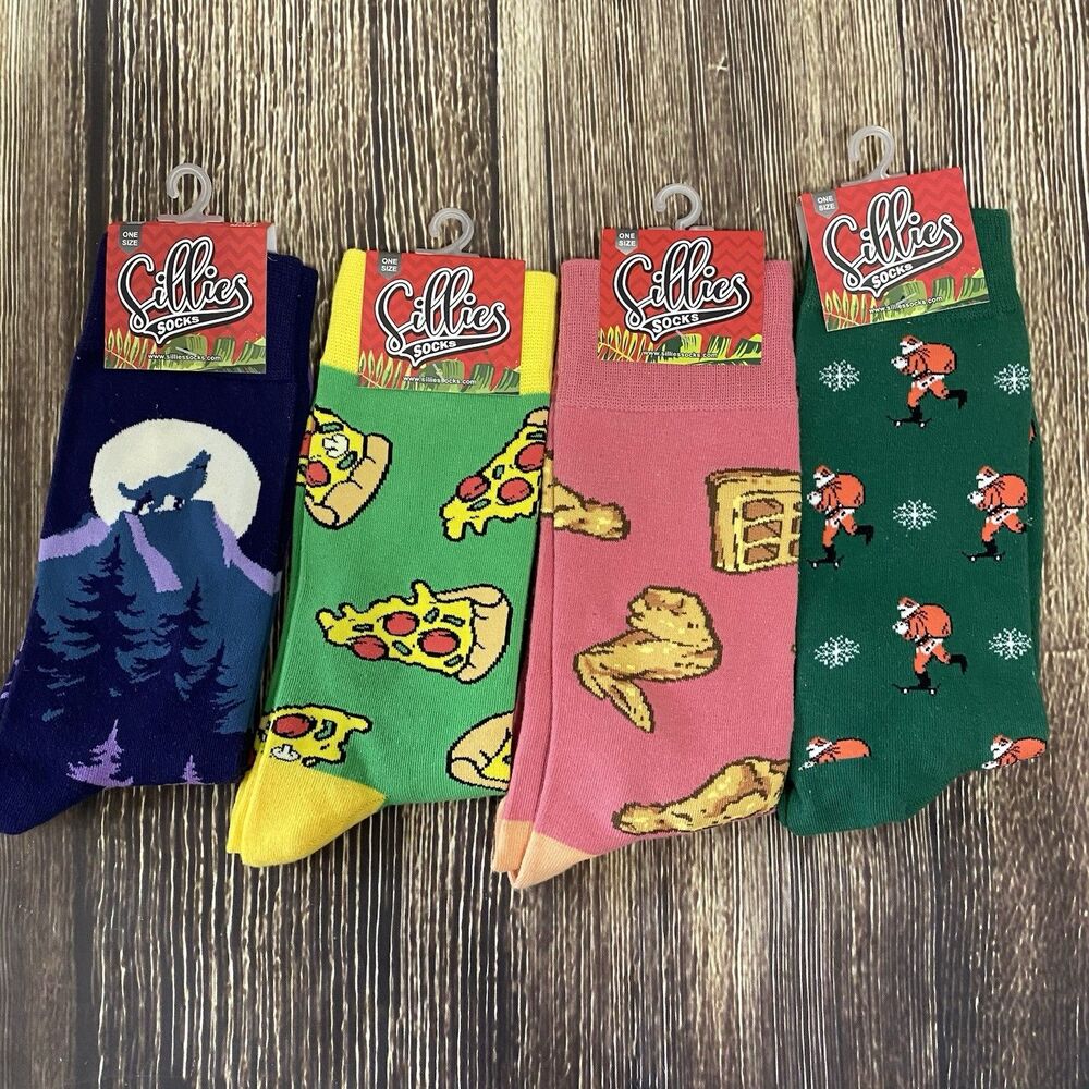 4 Sillies Socks Unisex OSFM Novelty Socks Santa Chicken & Waffles Wolf Pizza